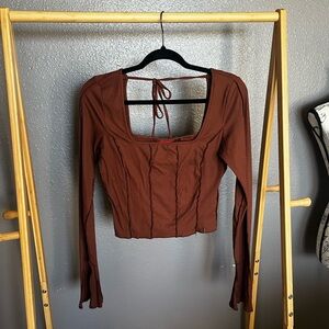 Guess Long-Sleeve Square Neck Crop Top in Brown